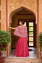 Pink Silk Blend Embroidered Flared Top Bottom With Shrug PKSKD3033