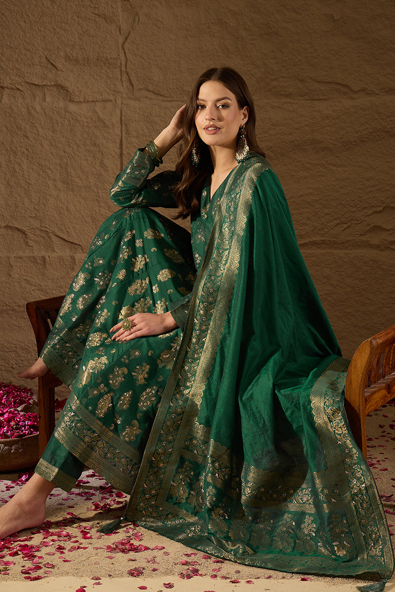 Sea Green Chanderi Floral Woven Design Kurta with Palazzo & Dupatta HP