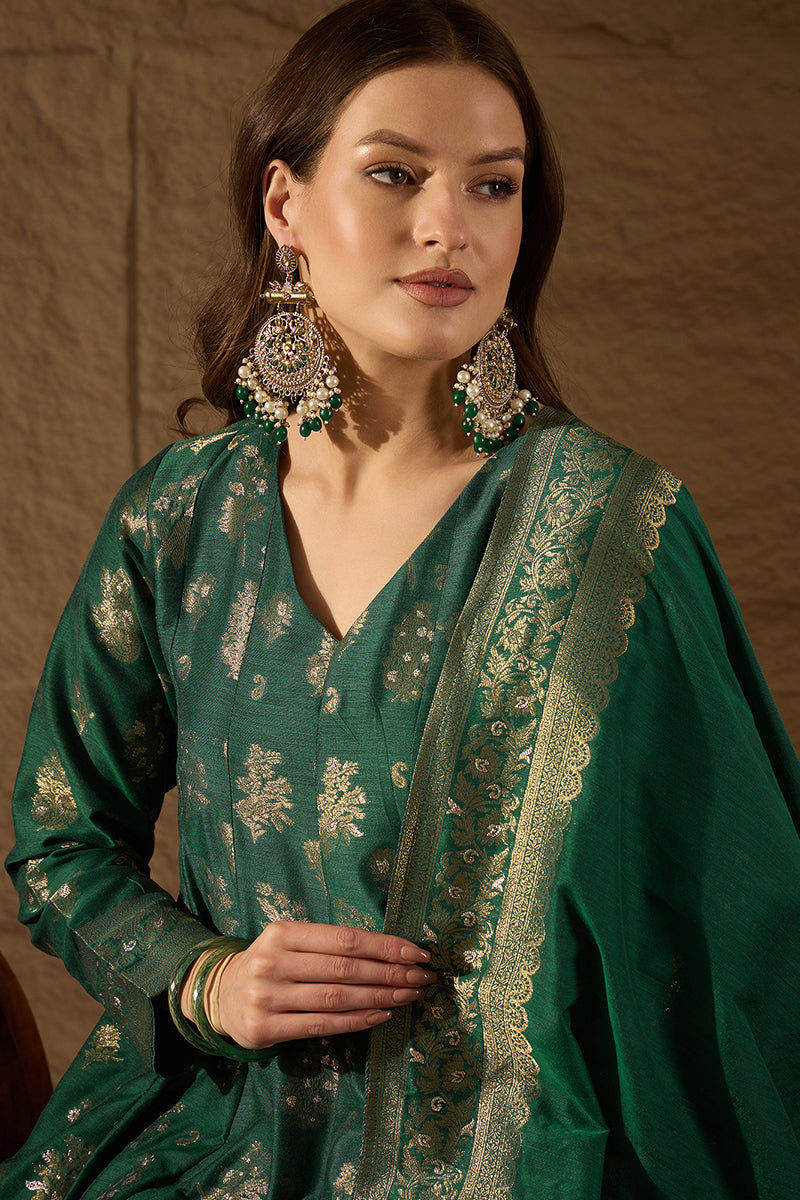 Sea Green Chanderi Floral Woven Design Kurta with Palazzo & Dupatta HP