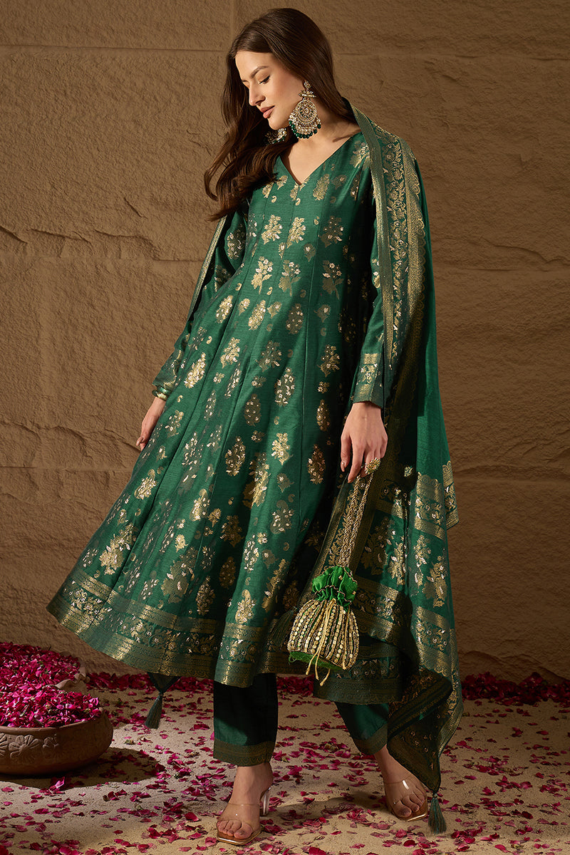 Sea Green Chanderi Floral Woven Design Kurta with Palazzo & Dupatta HP
