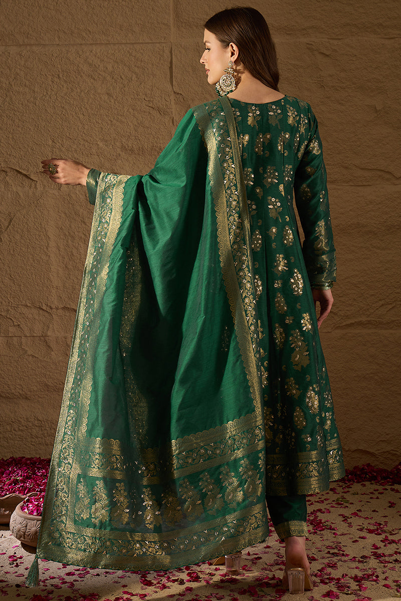 Sea Green Chanderi Floral Woven Design Kurta with Palazzo & Dupatta HP