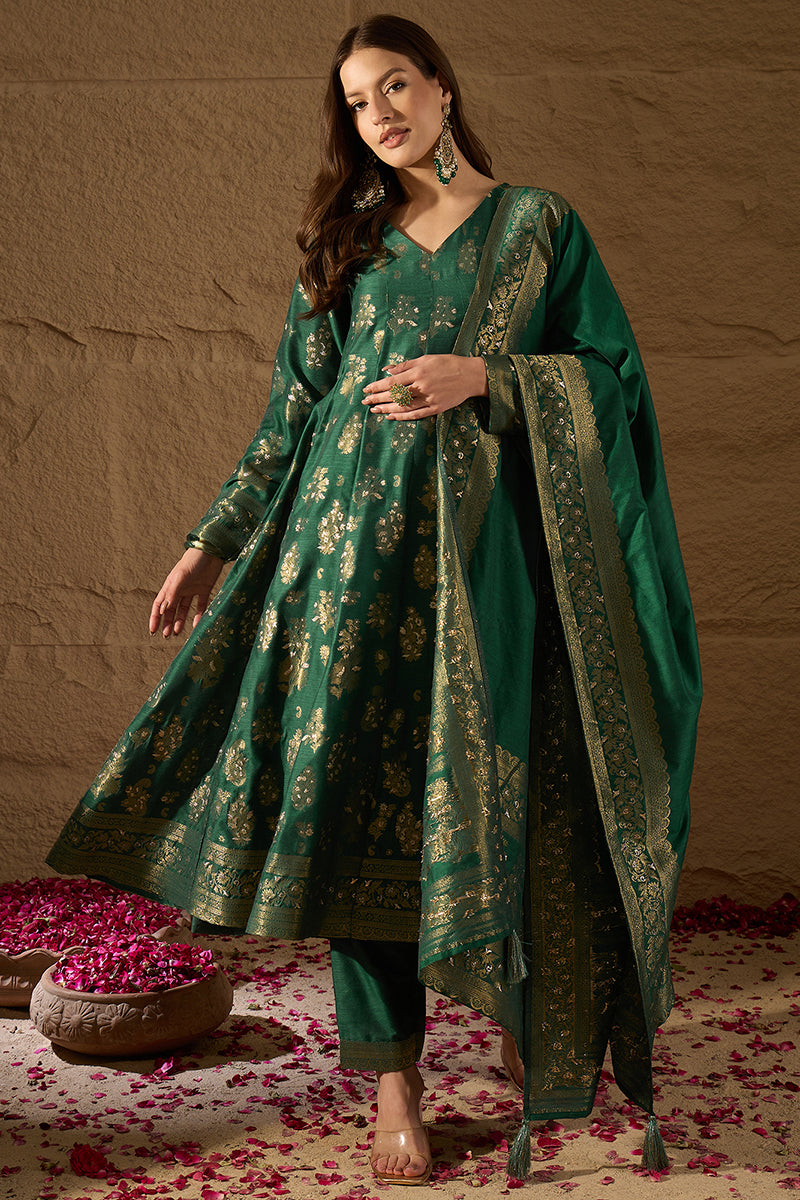 Sea Green Chanderi Floral Woven Design Kurta with Palazzo & Dupatta HP