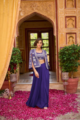 Blue Silk Blend Embroidered Flared Top Bottom With Shrug PKSKD3040