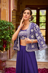Blue Silk Blend Embroidered Flared Top Bottom With Shrug PKSKD3040