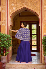 Blue Silk Blend Embroidered Flared Top Bottom With Shrug PKSKD3040