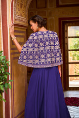 Blue Silk Blend Embroidered Flared Top Bottom With Shrug PKSKD3040