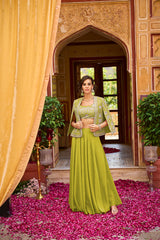 Green Silk Blend Embroidered Flared Top Bottom With Shrug PKSKD3041