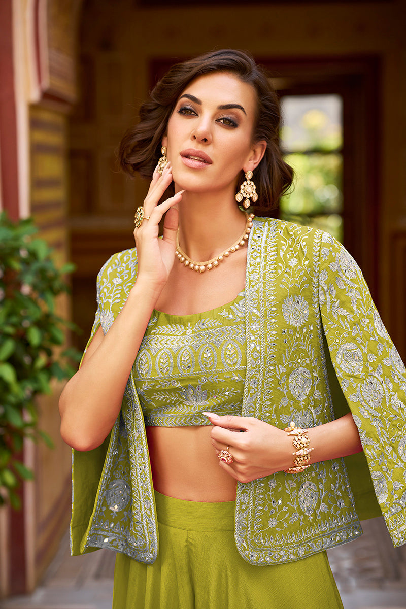 Green Silk Blend Embroidered Flared Top Bottom With Shrug PKSKD3041