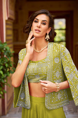 Green Silk Blend Embroidered Flared Top Bottom With Shrug PKSKD3041