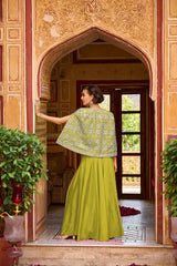 Green Silk Blend Embroidered Flared Top Bottom With Shrug PKSKD3041