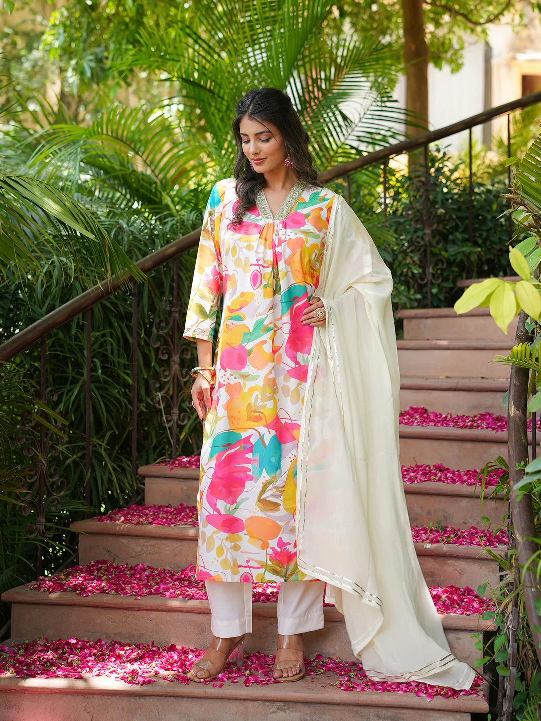 Women Off White Rayon Blend Floral Printed Straight Kurta Trousers With Dupatta