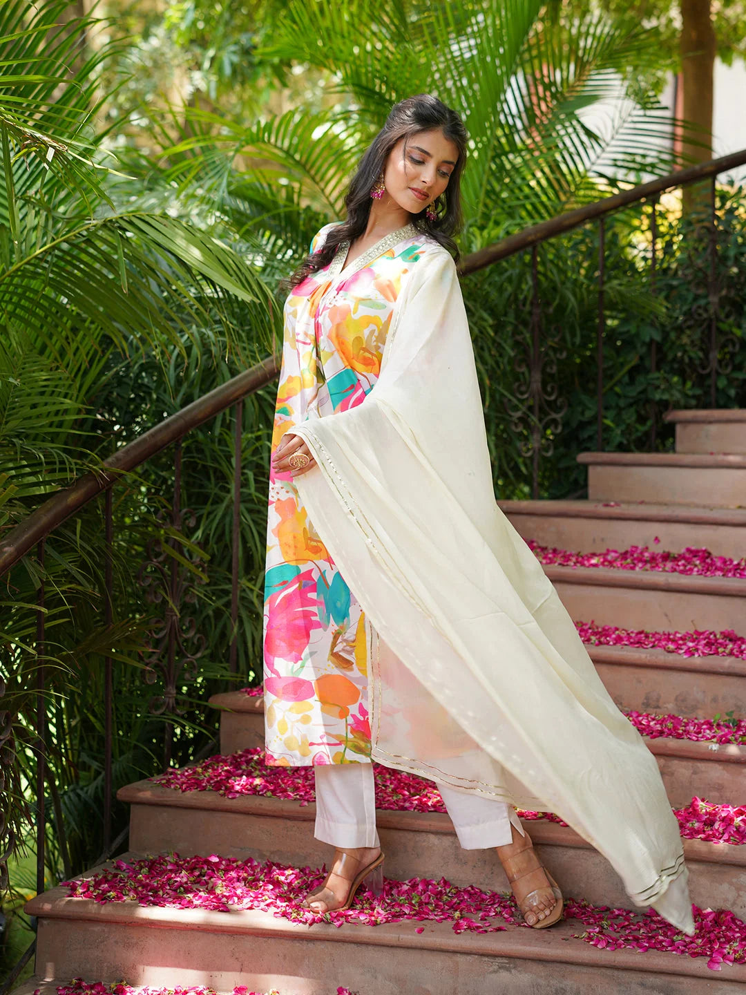 Women Off White Rayon Blend Floral Printed Straight Kurta Trousers With Dupatta