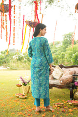 Teal Viscose Rayon Floral Embroidered Straight Kurta Trousers With Dupatta PKSKD3057