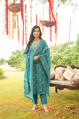 Teal Viscose Rayon Floral Embroidered Straight Kurta Trousers With Dupatta PKSKD3057