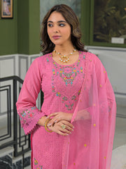 Women Pink Viscose Embroidered Straight Kurta Trousers With Dupatta-PKSKD3061