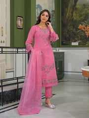 Women Pink Viscose Embroidered Straight Kurta Trousers With Dupatta-PKSKD3061