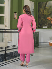 Women Pink Viscose Embroidered Straight Kurta Trousers With Dupatta-PKSKD3061