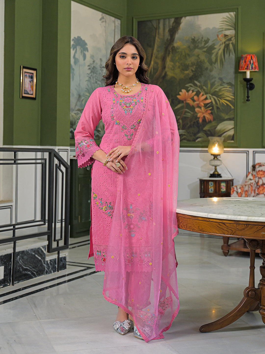 Women Pink Viscose Embroidered Straight Kurta Trousers With Dupatta