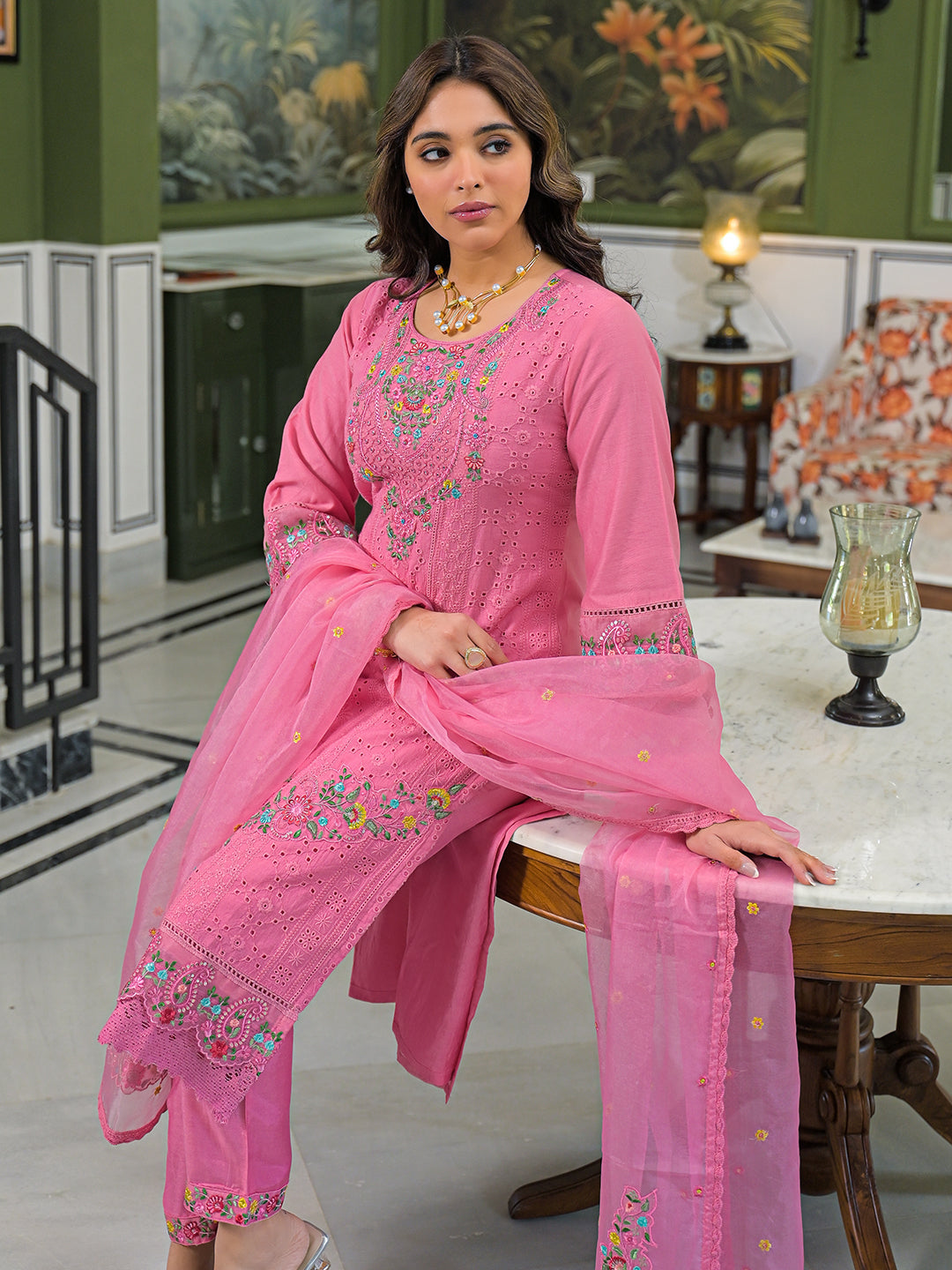Women Pink Viscose Embroidered Straight Kurta Trousers With Dupatta