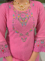 Women Pink Viscose Embroidered Straight Kurta Trousers With Dupatta-PKSKD3061