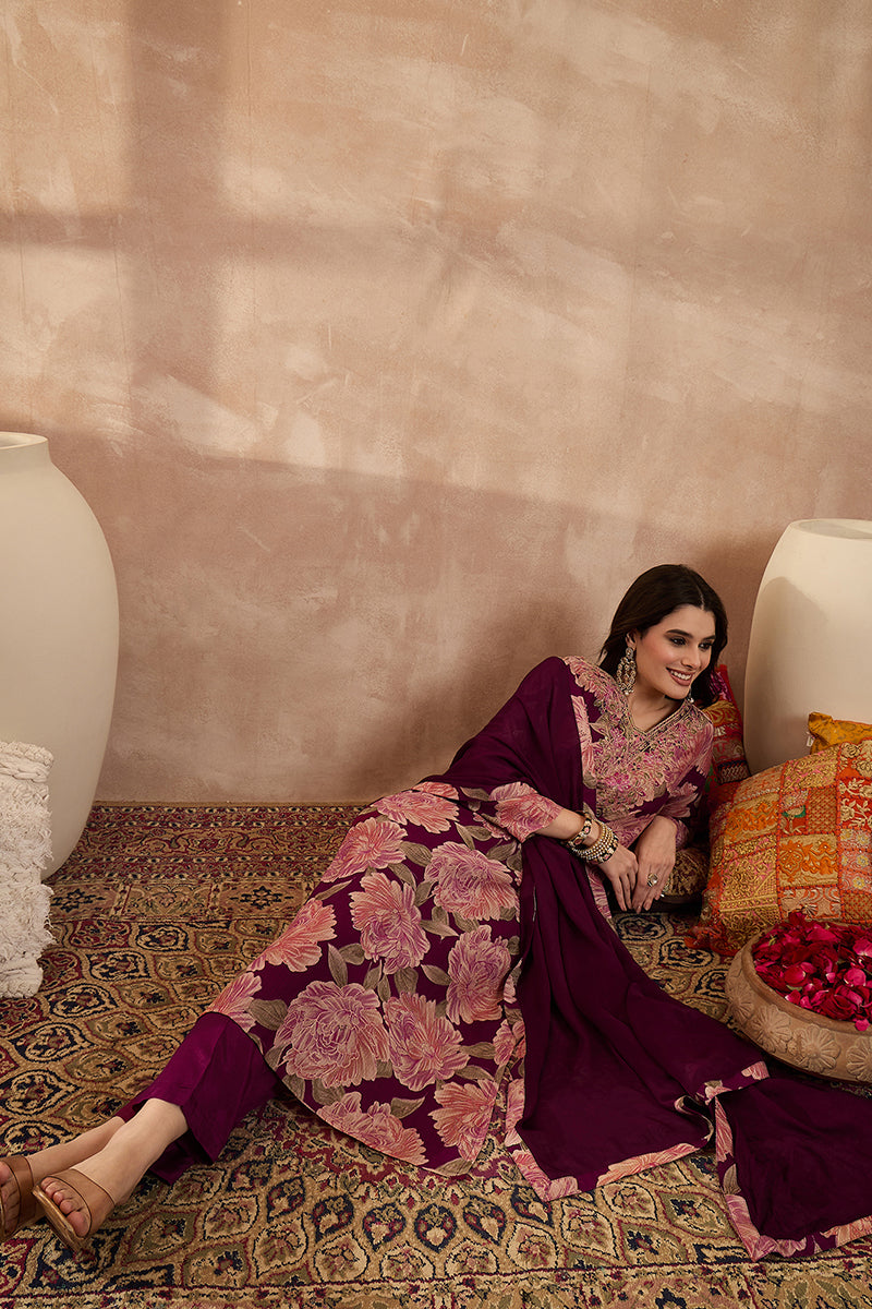 Purple Silk Blend Floral Embroidered Straight Kurta Trousers With Dupatta PKSKD3074