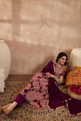 Purple Silk Blend Floral Embroidered Straight Kurta Trousers With Dupatta PKSKD3074