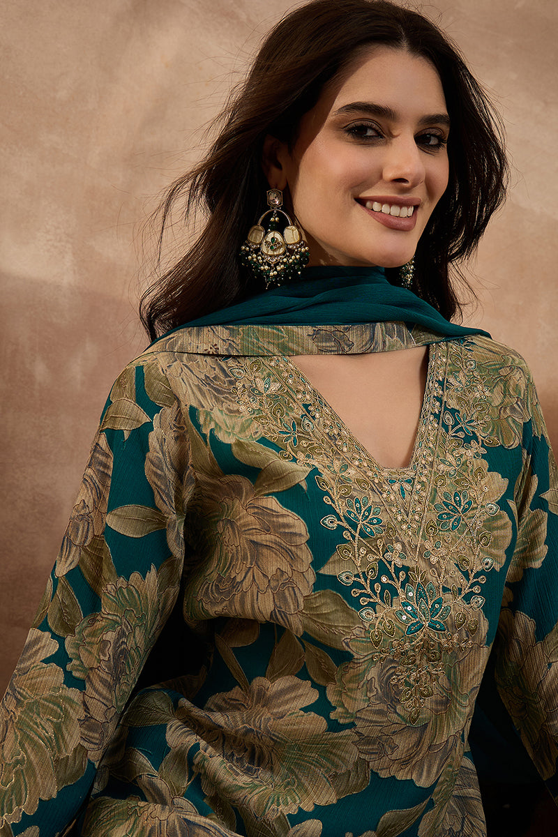 Blue Silk Blend Floral Embroidered Straight Kurta Trousers With Dupatta PKSKD3075