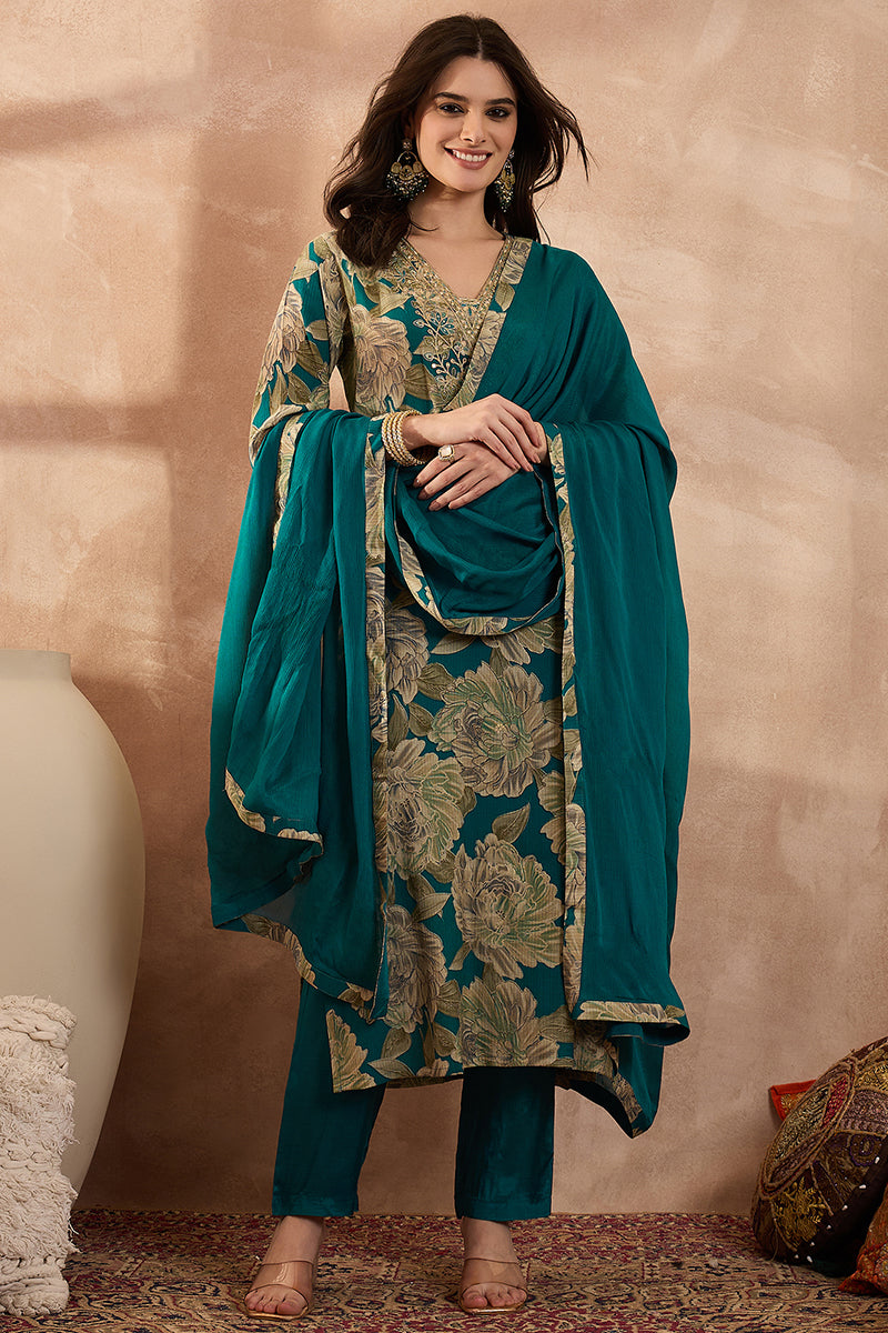 Blue Silk Blend Floral Embroidered Straight Kurta Trousers With Dupatta PKSKD3075