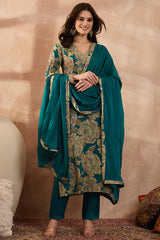 Teal Silk Blend Floral Embroidered Straight Kurta Trousers With Dupatta PKSKD3075