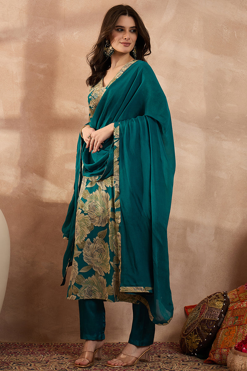 Blue Silk Blend Floral Embroidered Straight Kurta Trousers With Dupatta PKSKD3075