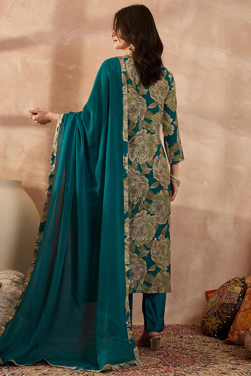 Blue Silk Blend Floral Embroidered Straight Kurta Trousers With Dupatta PKSKD3075