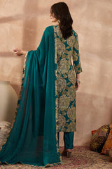 Teal Silk Blend Floral Embroidered Straight Kurta Trousers With Dupatta PKSKD3075