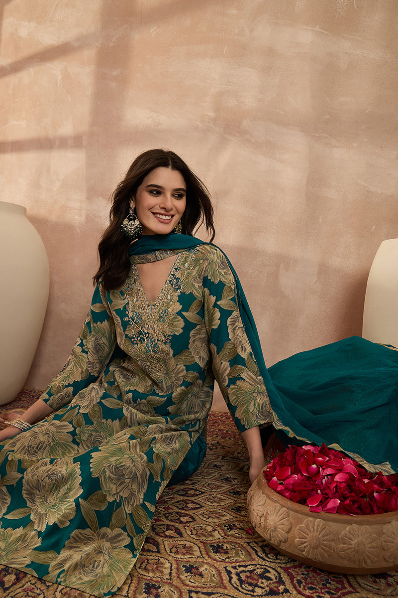 Blue Silk Blend Floral Embroidered Straight Kurta Trousers With Dupatta PKSKD3075