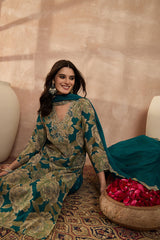 Teal Silk Blend Floral Embroidered Straight Kurta Trousers With Dupatta PKSKD3075