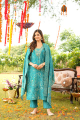 Turquoise Viscose Rayon Floral Embroidered Straight Kurta Trousers With Dupatta PKSKD3077