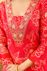 Red Viscose Rayon Floral Embroidered Straight Kurta Trousers With Dupatta PKSKD3078