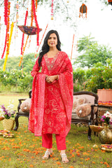 Red Viscose Rayon Floral Embroidered Straight Kurta Trousers With Dupatta PKSKD3078