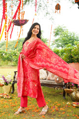 Red Viscose Rayon Floral Embroidered Straight Kurta Trousers With Dupatta PKSKD3078
