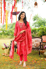 Red Viscose Rayon Floral Embroidered Straight Kurta Trousers With Dupatta PKSKD3078