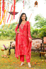 Red Viscose Rayon Floral Embroidered Straight Kurta Trousers With Dupatta PKSKD3078