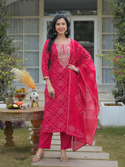 Women Red Silk Blend Bandhani Embroidered Straight Kurta Trousers With Dupatta-PKSKD3105