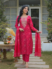 Women Red Silk Blend Bandhani Embroidered Straight Kurta Trousers With Dupatta-PKSKD3105