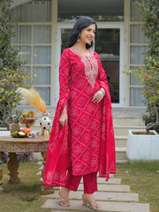Women Red Silk Blend Bandhani Embroidered Straight Kurta Trousers With Dupatta-PKSKD3105