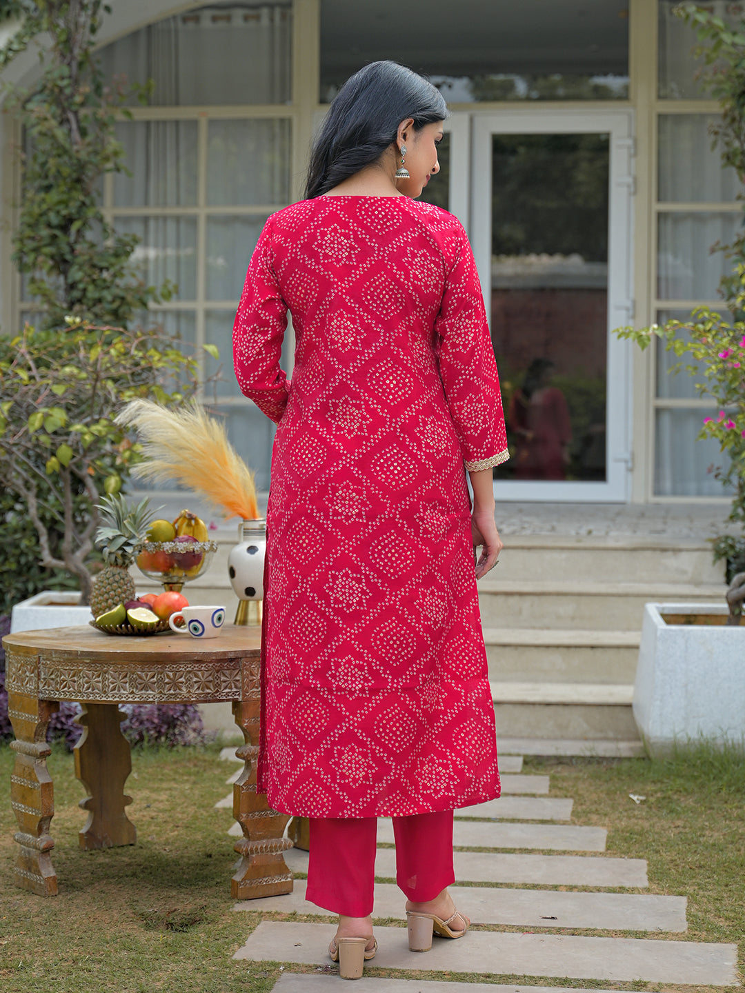 Women Red Silk Blend Bandhani Embroidered Straight Kurta Trousers With Dupatta