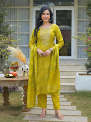 Women Yellow Silk Blend Bandhani Embroidered Straight Kurta Trousers With Dupatta-PKSKD3106