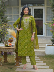 Women Green Silk Blend Bandhani Embroidered Straight Kurta Trousers With Dupatta-PKSKD3107