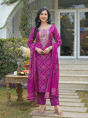Women Purple Silk Blend Bandhani Embroidered Straight Kurta Trousers With Dupatta-PKSKD3108