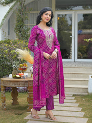 Women Purple Silk Blend Bandhani Embroidered Straight Kurta Trousers With Dupatta-PKSKD3108