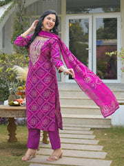 Women Purple Silk Blend Bandhani Embroidered Straight Kurta Trousers With Dupatta-PKSKD3108