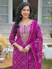 Women Purple Silk Blend Bandhani Embroidered Straight Kurta Trousers With Dupatta-PKSKD3108